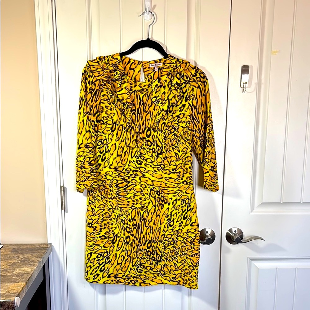 Juicy Couture Silk Animal Print Yellow Black Ruffle Neck Dress Size 6